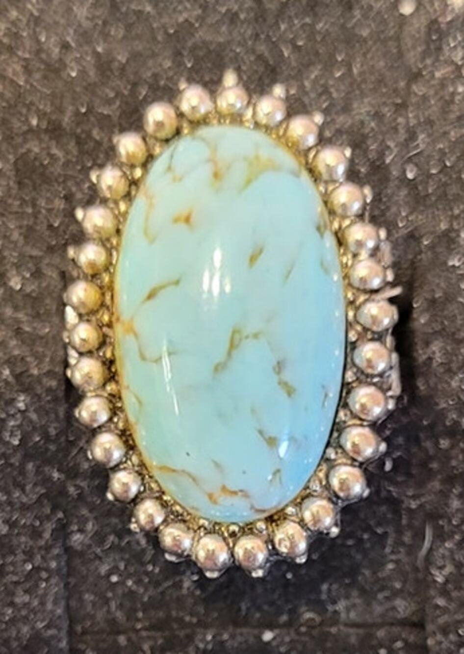 Vtg Faux Turquoise Oval Ring Secret Watch Locket Poison Ring 7.5 Adjustable Size